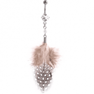 RHODIUM PLATED BRASS JEWELLED NAVEL BANANA WITH DANGLING CHARM - FEATHER PIERCING