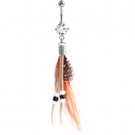 RHODIUM PLATED BRASS JEWELLED NAVEL BANANA WITH DANGLING CHARM - FEATHER