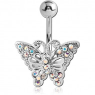 RHODIUM PLATED BRASS JEWELLED NAVEL BANANA - BUTTERFLY PIERCING