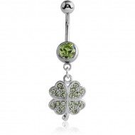 SURGICAL STEEL JEWELED NAVEL BANANA WITH DANGLING CHARM - SHAMROCK PIERCING