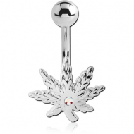 RHODIUM PLATED BRASS JEWELLED NAVEL BANANA - MARIJUANA LEAF PIERCING