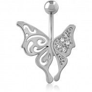 RHODIUM PLATED BRASS JEWELED NAVEL BANANA PIERCING