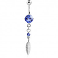 RHODIUM PLATED BRASS JEWELLED NAVEL BANANA WITH DANGLING CHARM - FEATHER PIERCING