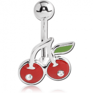 RHODIUM PLATED BRASS JEWELLED NAVEL BANANA WITH ENAMEL - CHERRIES
