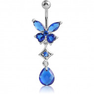 RHODIUM PLATED BRASS JEWELLED BUTTERFLY NAVEL BANANA WITH DANGLING CHARM - DROP