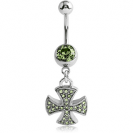 SURGICAL STEEL JEWELED NAVEL BANANA WITH IRON CROSS CHARM