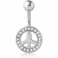 RHODIUM PLATED JEWELLED PEACE SIGN FASHION NAVEL BANANA