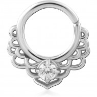 SURGICAL STEEL SEAMLESS RING FAN FILIGREE WITH CENTER CLEAR GEM
