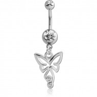 RHODIUM PLATED DOUBLE VALUE JEWELED NAVEL BANANA WITH BUTTERFLY CHARM PIERCING