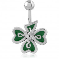 SURGICAL STEEL NAVEL BANANA GREEN ENAMEL CELTIC KNOT WITH SHAMROCK CHARM