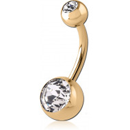 GOLD PVD 18K COATED SURGICAL STEEL DOUBLE OPTIMA CRYSTAL NAVEL BANANA