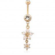 GOLD PVD 18K COATED SURGICAL STEEL NAVEL BANANA DANGLE GEMS WITH DOUBLE FLOWER CHARM