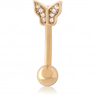 GOLD PVD 18K COATED SURGICAL STEEL NAVEL BANANA BUTTERFLY PAVE GEM