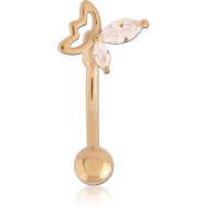 GOLD PVD 18K COATED SURGICAL STEEL NAVEL BANANA OUTLINE BUTTERFLY WITH MARQUISE GEM