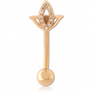 GOLD PVD 18K COATED SURGICAL STEEL NAVEL BANANA LOTUS OUTLINE CLEAR GEMS