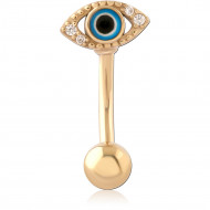 GOLD PVD 18K COATED SURGICAL STEEL NAVEL BANANA EVIL EYE ENAMEL CLEAR GEMS