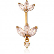 GOLD PVD 18K COATED SURGICAL STEEL INTERNALLY THREADED DOUBLE JEWELED NAVEL BANANA
