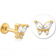 GOLD PVD 18K COATED SURGICAL STEEL INTERNAL LABRET BUTTERFLY MARQUISE AND ROUND GEMS