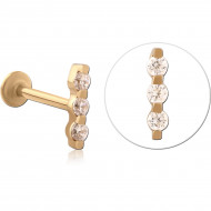 GOLD PVD 18K COATED SURGICAL STEEL INTERNAL LABRET TRIPLE ROUND GEM BAR