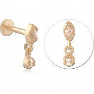 GOLD PVD 18K COATED SURGICAL STEEL INTERNAL LABRET MARQUISE GEM WITH ROUND DANGLE