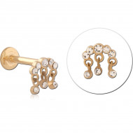 GOLD PVD 18K COATED SURGICAL STEEL INTERNAL LABRET GEM ARCH WITH DANGLING GEMS