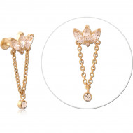 GOLD PVD 18K COATED SURGICAL STEEL INTERNAL LABRET MARQUISE CLUSTER WITH DOUBLE CHAIN DROP