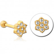 GOLD PVD 18K COATED SURGICAL STEEL JEWELED TRAGUS MICRO BARBELL - FLOWER PIERCING
