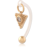 GOLD PVD 18K COATED SURGICAL STEEL TRIANGLE WITH BIOFLEX CURVED BARBELL WITH GEM CHARM PIERCING