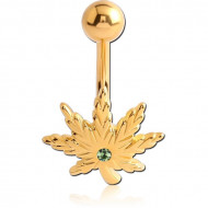 GOLD PVD COATED BRASS JEWELLED NAVEL BANANA - MARIJUANA LEAF PIERCING