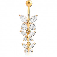 GOLD PVD COATED BRASS JEWELLED BUTTERFLY NAVEL BANANA WITH DANGLING CHARM - BUTTERFLY PIERCING