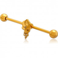 GOLD PVD COATED SURGICAL STEEL INDUSTRIAL BARBELL WITH SLIDING CHARM PIERCING