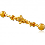 GOLD PVD COATED SURGICAL STEEL INDUSTRIAL BARBELL WITH SLIDING CHARM PIERCING