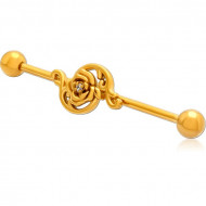 GOLD PVD COATED SURGICAL STEEL INDUSTRIAL BARBELL WITH SLIDING CHARM PIERCING