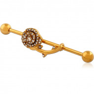 GOLD PVD COATED SURGICAL STEEL INDUSTRIAL BARBELL WITH SLIDING CHARM PIERCING