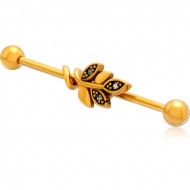 GOLD PVD COATED SURGICAL STEEL INDUSTRIAL BARBELL WITH SLIDING CHARM PIERCING