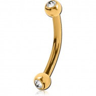 GOLD PVD COATED SURGICAL STEEL INTERNALLY THREADED DOUBLE JEWELED CURVED BARBELL