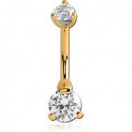 GOLD PVD COATED SURGICAL STEEL INTERNALLY THREADED ROUND PRONG SET DOUBLE JEWELED NAVEL BANANA
