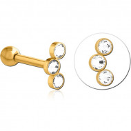 GOLD PVD COATED SURGICAL STEEL TRIPLE PREMIUM CRYSTAL JEWELED TRAGUS MICRO BARBELL