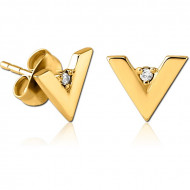 GOLD PVD COATED SURGICAL STEEL JEWELED EAR STUDS PAIR - V