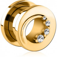 GOLD PVD COATED STAINLESS STEEL THREADED TUNNEL WITH SURGICAL STEEL JEWELED TOP