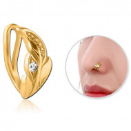 GOLD PVD COATED SURGICAL STEEL JEWELED NOSE CLIP - LEAF PIERCING