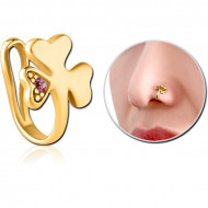 GOLD PVD COATED SURGICAL STEEL JEWELED NOSE CLIP - SHAMROCK PIERCING