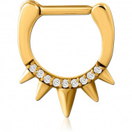 GOLD PVD COATED SURGICAL STEEL JEWELED HINGED SEPTUM CLICKER RING
