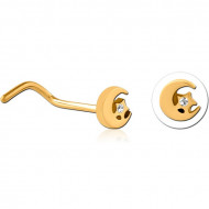 GOLD PVD COTED TITANIUM JEWELED CURVED NOSE STUD - MOON AND STAR