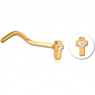 GOLD PVD COTED TITANIUM JEWELED CURVED NOSE STUD - CROSS PIERCING