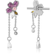 316L SURGICAL STEEL INDUSTRIAL SLIDING CHARM FLOWER PINK GEMS WITH DANGLE CHAINS