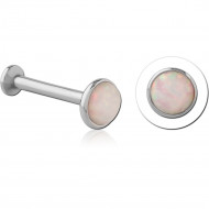 14K WHITE GOLD SYNTHETIC OPAL JEWELED DISC ATTACHMENT WITH SURGICAL STEEL INTERNALLY THREADED MICRO LABRET PIN