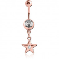 ROSE GOLD PVD COATED SURGICAL STEEL JEWELED NAVEL BANANA WITH DANGLING CHARM - STAR PIERCING