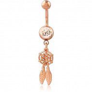 ROSE GOLD PVD COATED SURGICAL STEEL JEWELED NAVEL BANANA WITH DANGLING CHARM - DREAMCATCHER FEATHER