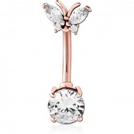 ROSE GOLD PVD COATED SURGICAL STEEL INTERNALLY THREADED DOUBLE JEWELED NAVEL BANANA PIERCING